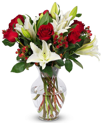 Benchmark Bouquets - Red Elegance (Glass Vase Included) - Fresh Flowers for Next Day Delivery - Gift for Christmas, Birthday, Anniversary, Sympathy, Get Well, Congratulations