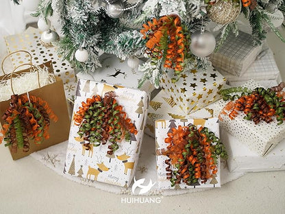 HUIHUANG Fall Bows for Gift Wrapping Moss Green/Orange/Brown Curly Bows with Self Adhesive & Twist Tie, 7 inch Sheer Satin Ribbon Bow for Presents, Gift Basket, Fall Decor, Party Favors- 6 Counts