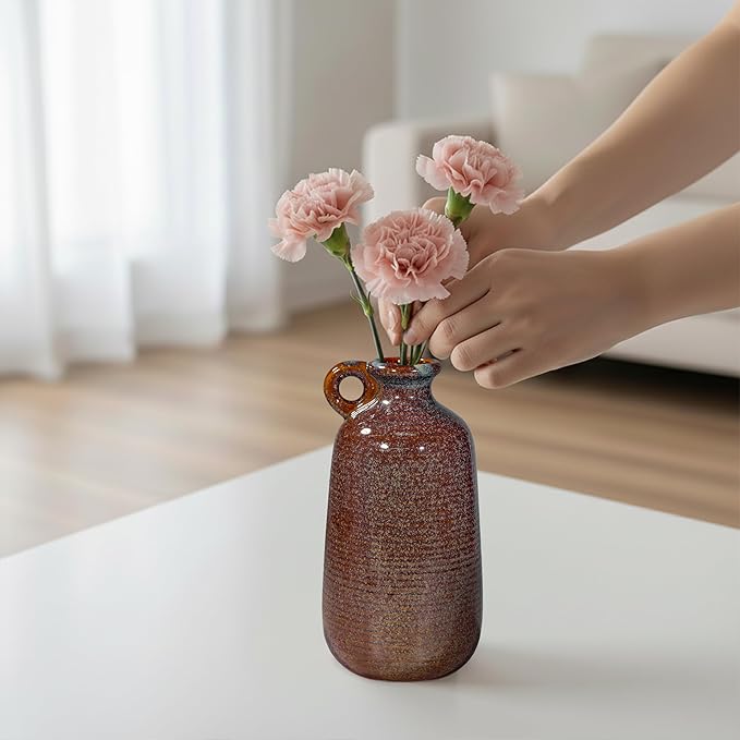 Sunddo Brown Ceramic Vase for Home Decor-10 Inch Rustic Decorative Vase with Handle, Mantle, Fireplace, Coffee Table, Shelf for Living Room