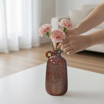 Sunddo Brown Ceramic Vase for Home Decor-10 Inch Rustic Decorative Vase with Handle, Mantle, Fireplace, Coffee Table, Shelf for Living Room
