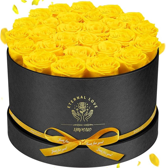Forever Flowers 27 Roses in A Box, Real Preserved Roses, Birthday Gift for Women, Mother's Day, Anniversary Day - Yellow Rose
