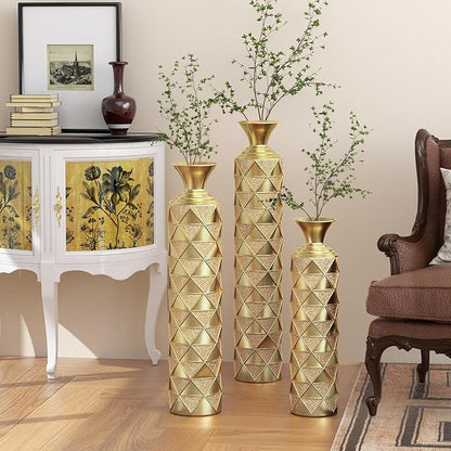 Floor Vases, Tall Home Decor Metal Vase Set of 3 Large Glazed Decorative Vases for Wedding Decor, Elegant Modern Flower Holder for Living Room, Entryway, Hallway, Dining Room