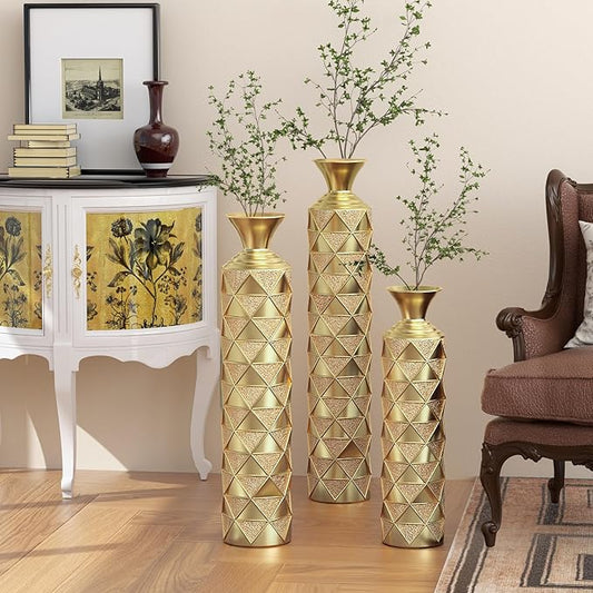 Floor Vases, Tall Home Decor Metal Vase Set of 3 Large Glazed Decorative Vases for Wedding Decor, Elegant Modern Flower Holder for Living Room, Entryway, Hallway, Dining Room