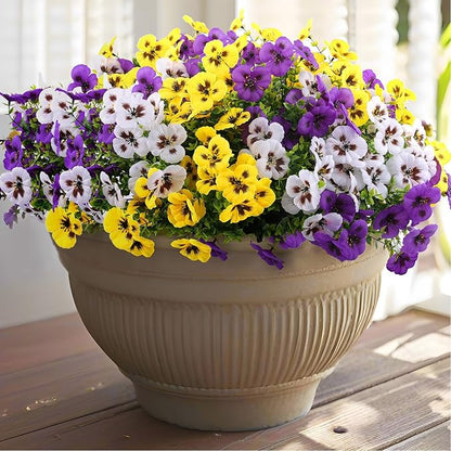 Artificial Fake Pansy Flowers for Outdoor, Faux Silk Pansies Spring Flowers for Outside for Planter Front Door Porch Yard Patio Window Box Home Decor (18, Purple, Yellow, White)