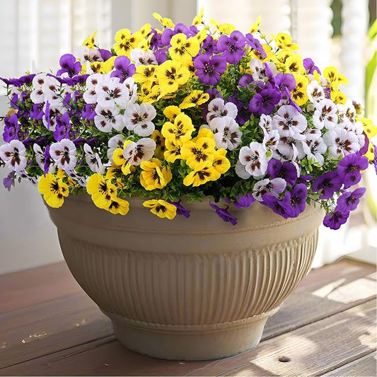 Artificial Fake Pansy Flowers for Outdoor, Faux Silk Pansies Spring Flowers for Outside for Planter Front Door Porch Yard Patio Window Box Home Decor (18, Purple, Yellow, White)