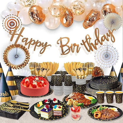 AIRE 175PCS Black Gold Paper Plates Party Supplies Dinnerware Sets for 25 Guests, Disposable Paper Party Plates, Dessert Plates, Cups, Napkins, Plastic Spoons, Forks, Knives for Wedding, Birthday