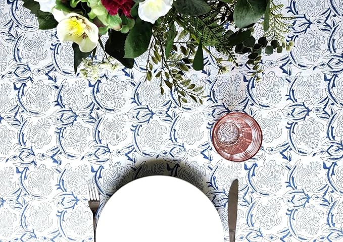ATOSII Santorini 100% Cotton Round Tablecloth, Handblock Print Floral Table Cloth for Kitchen Dining Linen I Parties, Weddings, Outdoors, Spring Summer Decor I 60" Inches Round