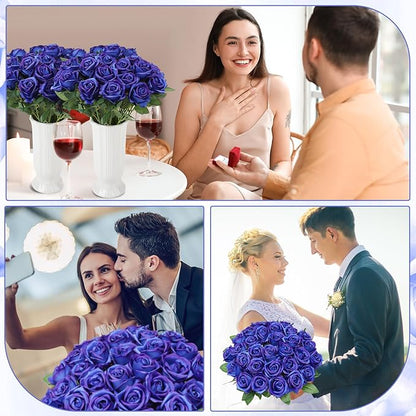 80 Pcs Roses Artificial Flowers,Silk Royal Blue Rose Artificial Flowers,Fake Blue Roses Petals Long Stem Roses for Wedding Bouquet Home Party Decor