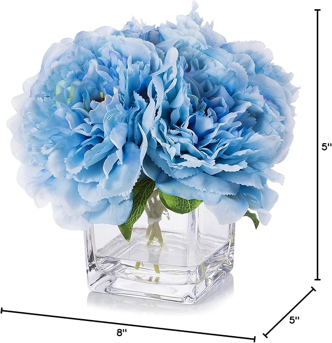 Enova Home Silk Peony Flowers Arrangements in Cube Glass Vase with Faux Water for Home Table Wedding Centerpiece Decoration (Blue)