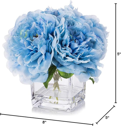 Enova Home Silk Peony Flowers Arrangements in Cube Glass Vase with Faux Water for Home Table Wedding Centerpiece Decoration (Blue)