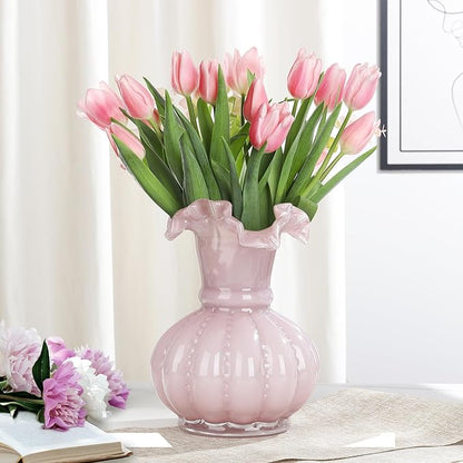 Joeyan Handmade Pink Glass Flower Vase,7.9" Vintage Decorative Urn Vase for Centrepieces Bouquet Wedding,Colored Thickened Pedestal Decorations for Rustic Home Living Room Office Farmhouse