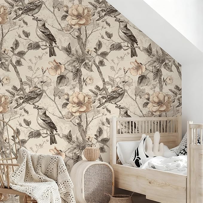 Vintage Animal Peel and Stick Contact Paper Beige Bird Removable Botanical Leaf Tree Wallpaper 17.7" x 118.11" Wall Paper Watercolor Self Adhesive for Classroom Bedroom Laundry Room Bathroom