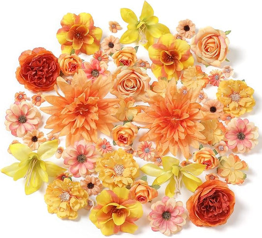 Fake Flower Heads Bulk - Orange Silk Daisy & Rose Fall Artificial Flower for Crafts, DIY, Graduation Cap, Wedding, Party, Cake Topper, Home Garland Decor