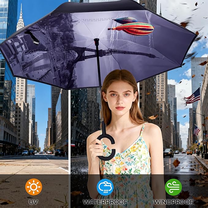 Inverted Umbrella, 49 Inch Double-Layer Vented Reverse Umbrella, Windproof Waterproof UV Protection, Lightweight C-Handle, Fiberglass Ribs, Steel Shaft, Travel/Commute/Car Use, With Sleeve