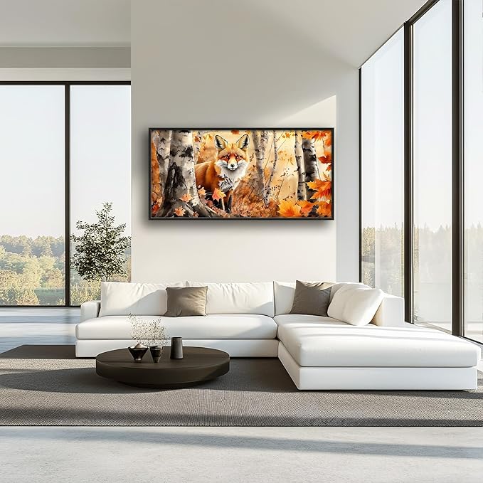 Large Fall Fox Wall Art for Living Room, Framed Oversized Autumn Forest Wall Decor Tree Maple Leaves Canvas Painting Modern Artwork for Living Room Bathroom Bedroom Office Dining Room 60"x30"