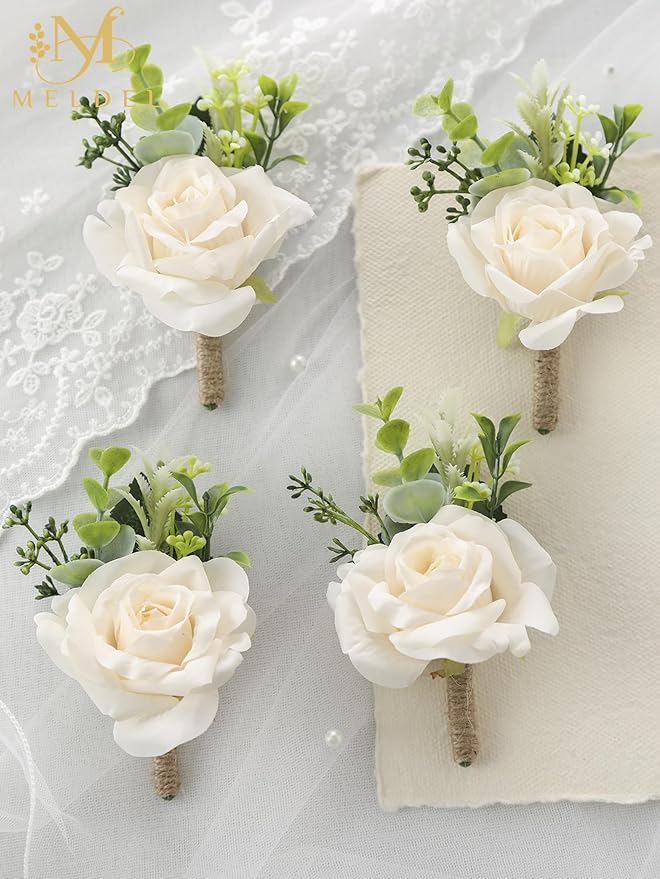 Meldel Boutonniere for Men Wedding, Set of 6, Artificial Champagne Rose Flower Corsage for Groom and Best Man, Ceremony Anniversary Formal Dinner Party, Fall Vintage Rustic Marriage Prom Decor