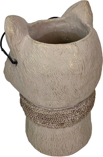 Bespectacled Fox Cement Vase 8.25 Inch – Gold Accents, Knit Textured Scarf, Real Wire Glasses, Whimsical Animal Decor, Distressed Taupe Planter for Indoor Plants, Unique Gift for Home or Office