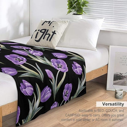 Purple Tulip Blanket Flower Gifts for Girls Women Tulip Floral Throw Blanket for Kids Adults Soft Warm Cozy Fleece Blanket for Couch Sofa Bed 60"x80"