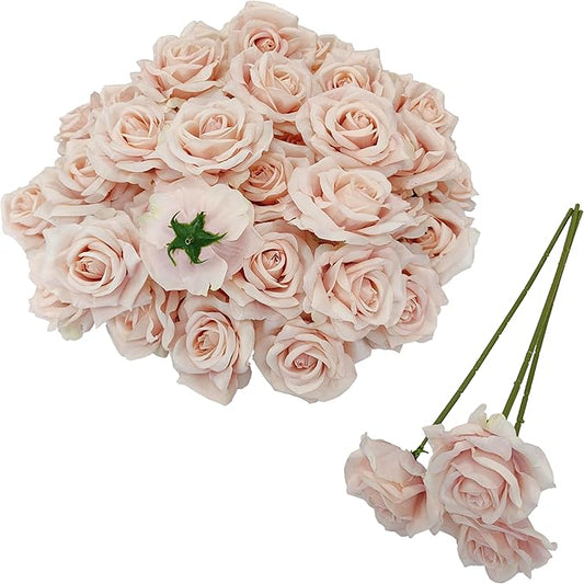 Artificial Satin Rose Flower Heads,48 Pcs Silk Rose Heads with Stems,3.3'' Rose Artificial Flowers Bulk,Artificial Rose Flower Heads for DIY Crafts Bouquet (48, Fall Pink)