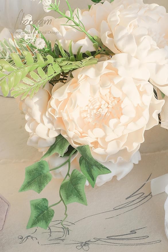 Floroom Artificial Flowers 16pcs 4" Blooming Peonies Real Looking Foam Fake Peony with Stems for DIY Wedding Bouquets Bridal Shower Centerpieces Floral Arrangements Party Tables Decorations - Cream