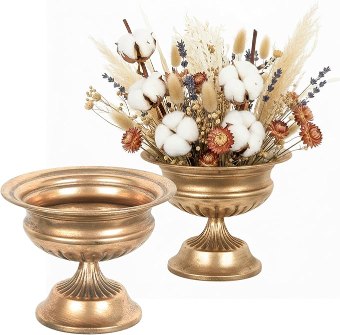 WORTH Small Urn Vases for Centerpieces Set of 2, Classic Metal Trumpet Flower Pots for Table, Bowl Vase for Wedding Party Event Home Deco (Golden, 7.8" Dia x 6.1" H)
