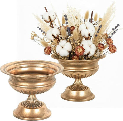 WORTH Small Urn Vases for Centerpieces Set of 2, Classic Metal Trumpet Flower Pots for Table, Bowl Vase for Wedding Party Event Home Deco (Golden, 7.8" Dia x 6.1" H)