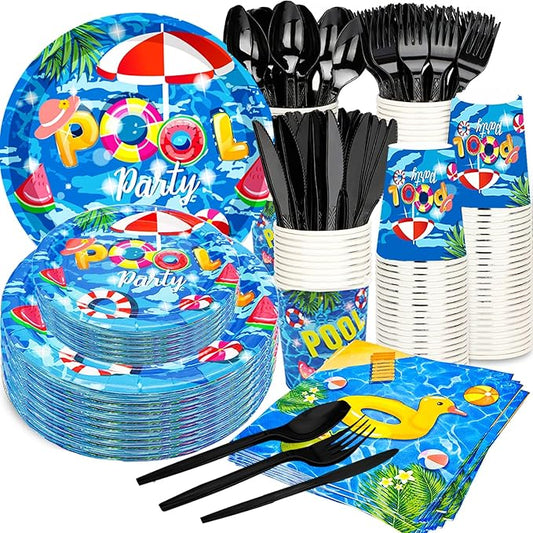 175Pcs Pool Party Supplies Beach Ball Party Set 9"Pool Party Plates 7"Beach Dessert Plate Napkins Cup Knive Fork Spoon for luau Ball Water Tube Picnic PoolBirthday Party Decor Serve25