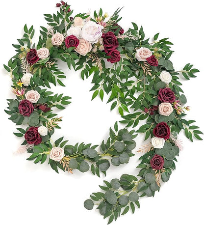 Ling's moment 9FT Spring Flower Garland - Wedding Arch Flowers, Eucalyptus & Rose, Artificial Floral Garland for Mantle - Sweetheart Table Decor for Reception, Backdrop Decorations, Marsala