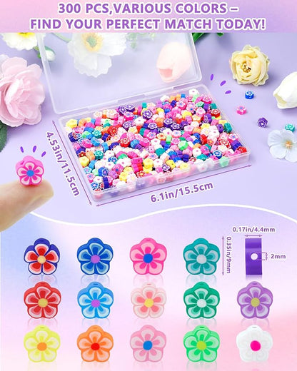FIVEIZERO 300PCS Polymer Clay Flower Beads, Colorful Hawaiian Floral Bead Charms for Bracelets, Necklaces & DIY Jewelry Making Crafts