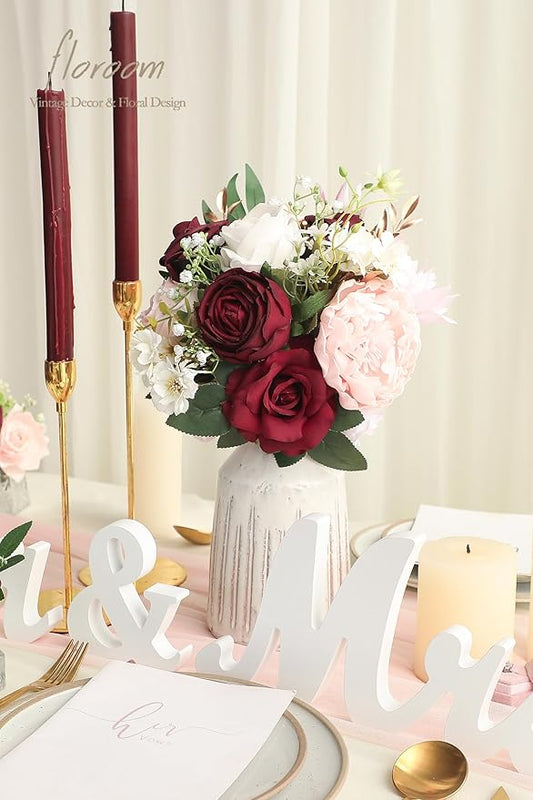 Floroom Blush Burgundy Artificial Flowers Dark Red Fake Roses Peonies Dahlia and Greenery Combo Box Set for DIY Wedding Bouquets Bridal Shower Centerpieces Floral Arrangements Party Tables Decorations