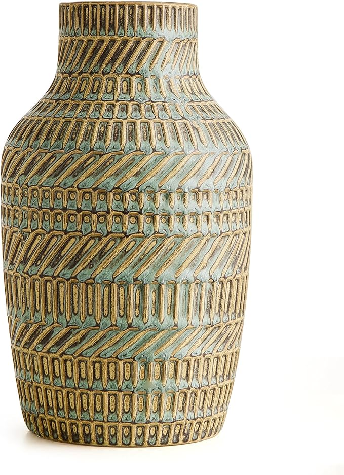 Modern White Ceramic Vase, Boho Flower Vases for Decor, 5.1" W x 8.7" H Modern Vase with Textured Pattern Table Centerpiece for Living Room Office Bedroom (Turquoise Vase)