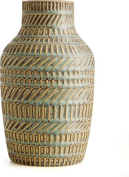 Modern White Ceramic Vase, Boho Flower Vases for Decor, 5.1" W x 8.7" H Modern Vase with Textured Pattern Table Centerpiece for Living Room Office Bedroom (Turquoise Vase)