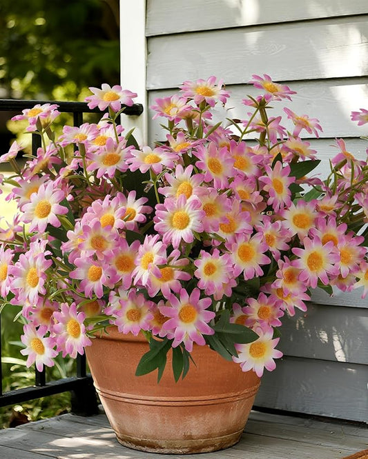 Daisy Flowers Artificial (144 Blooms), 12 Bundles Fake Wildflowers for Outdoor Planters, Faux Plants with Silk Daisies for Front Porch Garden Patio Home Aesthetic (Pink and White Gradient)