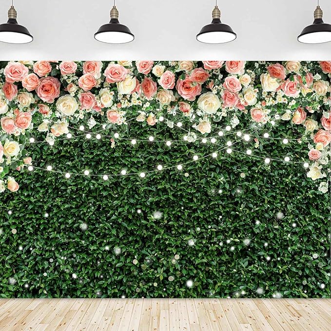 Sensfun Flower Wall Backdrop Spring Pink Rose Blossom Green Leaves Photography Background Floral Grass Birthday Baby Shower Miss to Mrs Wedding Bridal Shower Backdrops Portrait Photo Booth Props 7x5ft