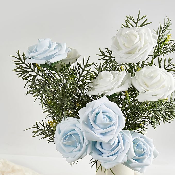Artificial Flowers, 50pcs Blue Artificial Rose for DIY Wedding Bouquets Centerpieces Arrangements, Fake Flower with Stems for Party Home Decorations