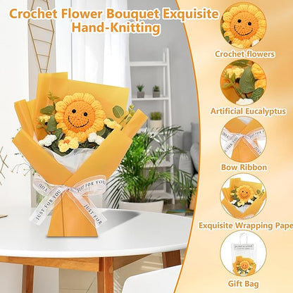 Handmade Crochet Flower Bouquet – Finished Knitted Sunflower & Daisy Flowers, Faux Floral Arrangement, Ready-to-Gift for Mother’s Day, Teachers, Graduation, Birthday, Wedding, Home & Office Décor