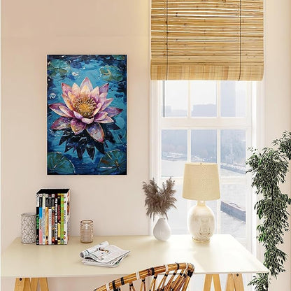 Gorgeous pink and purple water lilies on deep blue water Eye-catching oil painting Serene aquatic wall art for modern home decor 32x48in Frameless