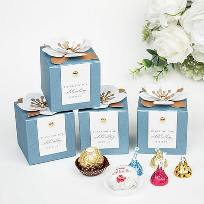 FEIYI 20 PCS Candy Boxes, 3 In 1 Dusty Blue Favor Boxes with Floral Decor, White Thank You Tags Gift wrapping for Wedding Birthday Baby Shower Decorations Party -2.55x2.55x2.55''