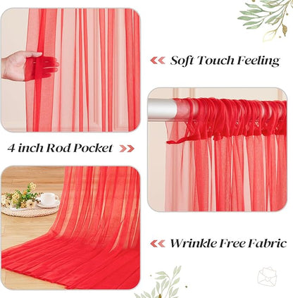 10ft x 8ft Red Backdrop Curtain with Lights String for Parties, Sheer Tulle Wedding Photo Backdrops Drapes for Baby Shower Birthday Party Decorations Background for Photography