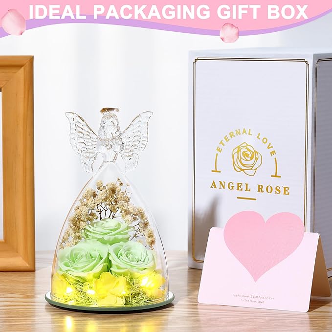 Mothers Day Mom Gifts for Women Preserved Flowers in Glass Angel Forever Flowers Gifts Eternal Roses Gifts for Grandma, Green