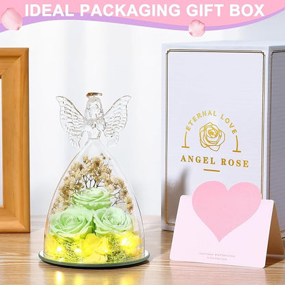 Mothers Day Mom Gifts for Women Preserved Flowers in Glass Angel Forever Flowers Gifts Eternal Roses Gifts for Grandma, Green