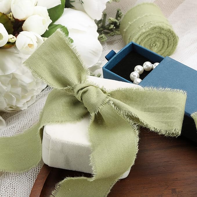 Sage Green Ribbon 1-1/2 x 15 Yards Handmade Cotton Frayed Fringe Fabric Ribbons for Crafts Flower Bouquets Wedding Baby Shower Home DIY Decor