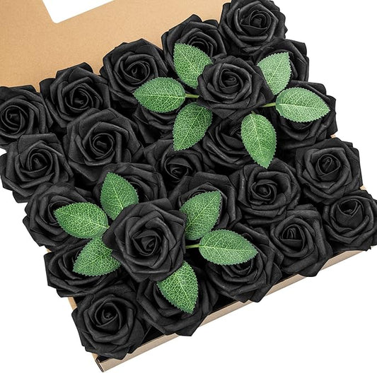 DuHouse 25Pcs Artificial Roses Flowers Fake Roses with Stems Real Touch Foam Flowers for DIY Wedding Bouquet Baby Shower Centerpiece Halloween Floral Arrangement Party Home Decor(Black)