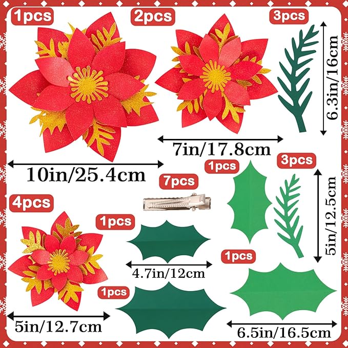 17PCS Christmas Paper Flower Wall Decoration Red Gold Poinsettia Large Flowers Artificial Christmas Flower Window Stickers Flower Window Wall Art Decals for Xmas Party, Living Room Door Xmas Tree