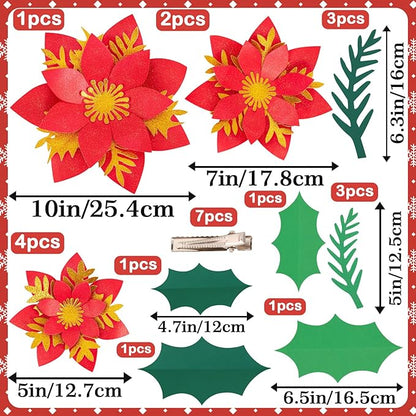 17PCS Christmas Paper Flower Wall Decoration Red Gold Poinsettia Large Flowers Artificial Christmas Flower Window Stickers Flower Window Wall Art Decals for Xmas Party, Living Room Door Xmas Tree