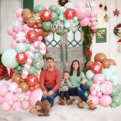 Christmas Balloon Arch Kit Gingerbread Balloon Garland Pastel Green Pink Red Snowflake Balloons Reindeer Peppermint Candy Cane Foil Balloons for Gingerbread Nutcracker Baby Shower Birthday Party Decor