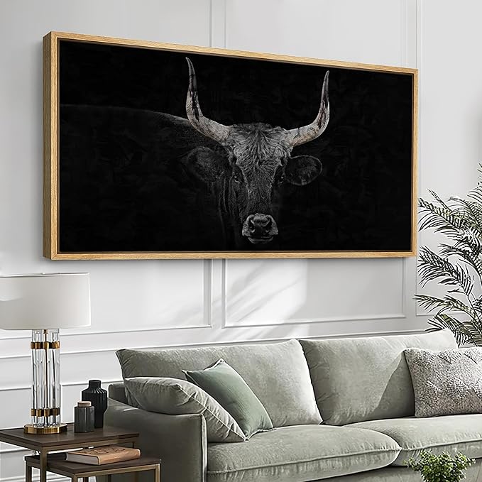 SIGNFORD Extra Large Framed Canvas Print Wall Art Monochrome Bull Illustrations Modern Art Relax/Calm Warm for Living Room, Bedroom, Office - 60"x30"