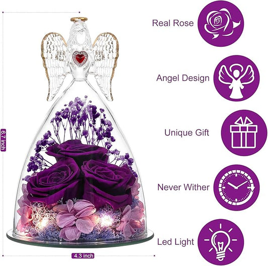 Mothers Day Rose Gifts for Women, Large Angel Figurines with Real Roses, Preserved Real Flower Rose for Her,Full Purple