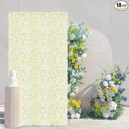 Ivory Backdrop Flowers Wall Panels: 18 Pcs 15 x 15 Inch Floral Backdrop Artificial Flower Wall Decor for Baby Shower Wedding Photo Background Decoration (3.75ft by 7.5ft)