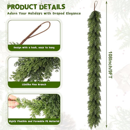 Real Touch Cedar Garland, Christmas Artificial Realistic Faux Cypress Pine Garlands, Christmas Greenery Garland Decorations for Mantle, Table, Stairs, Doorframe, Fireplace, Winter Garlands(9FT)
